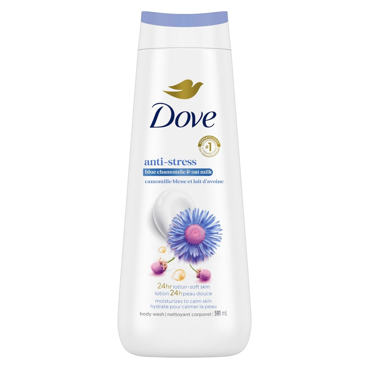 DoveAnti-Stress Body Wash for renewed, healthy-looking skin Blue Chamomile & Oat Milk gentle body cleanser that moisturizes the skin