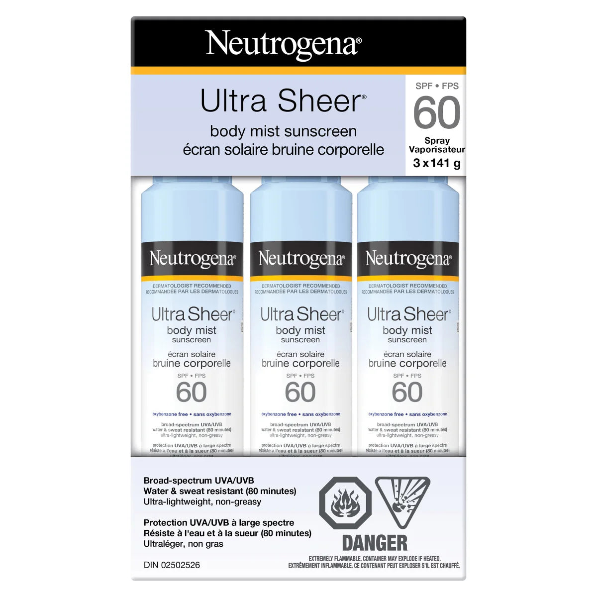Neutrogena Ultra Sheer Body Mist Sunscreen SPF 60, 3 x 141 g