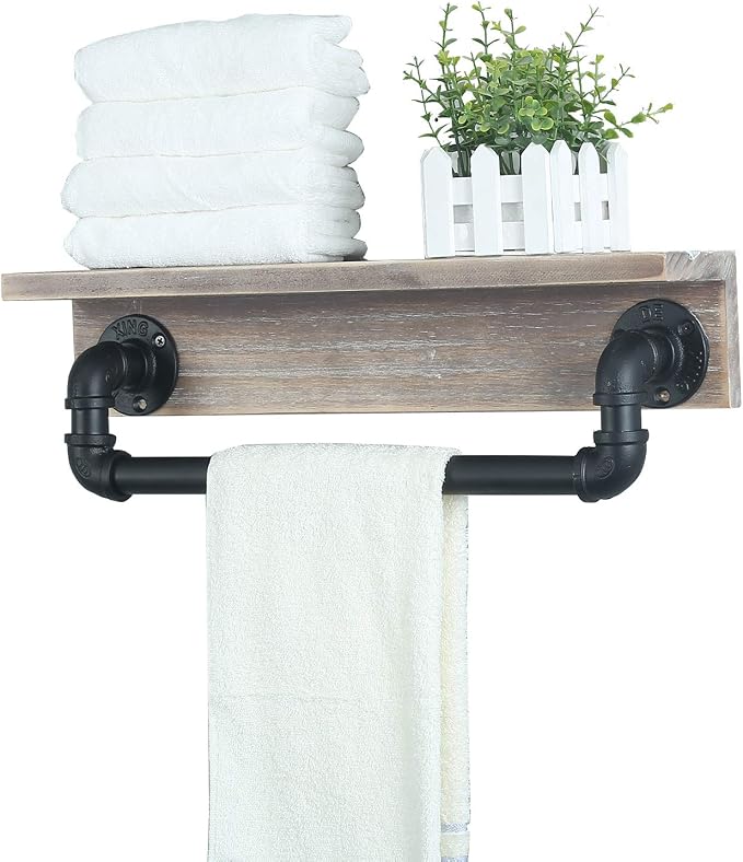 MBQQ Industrial Pipe Wall Shelf with Towel Bar, 20 in., Retro Grey