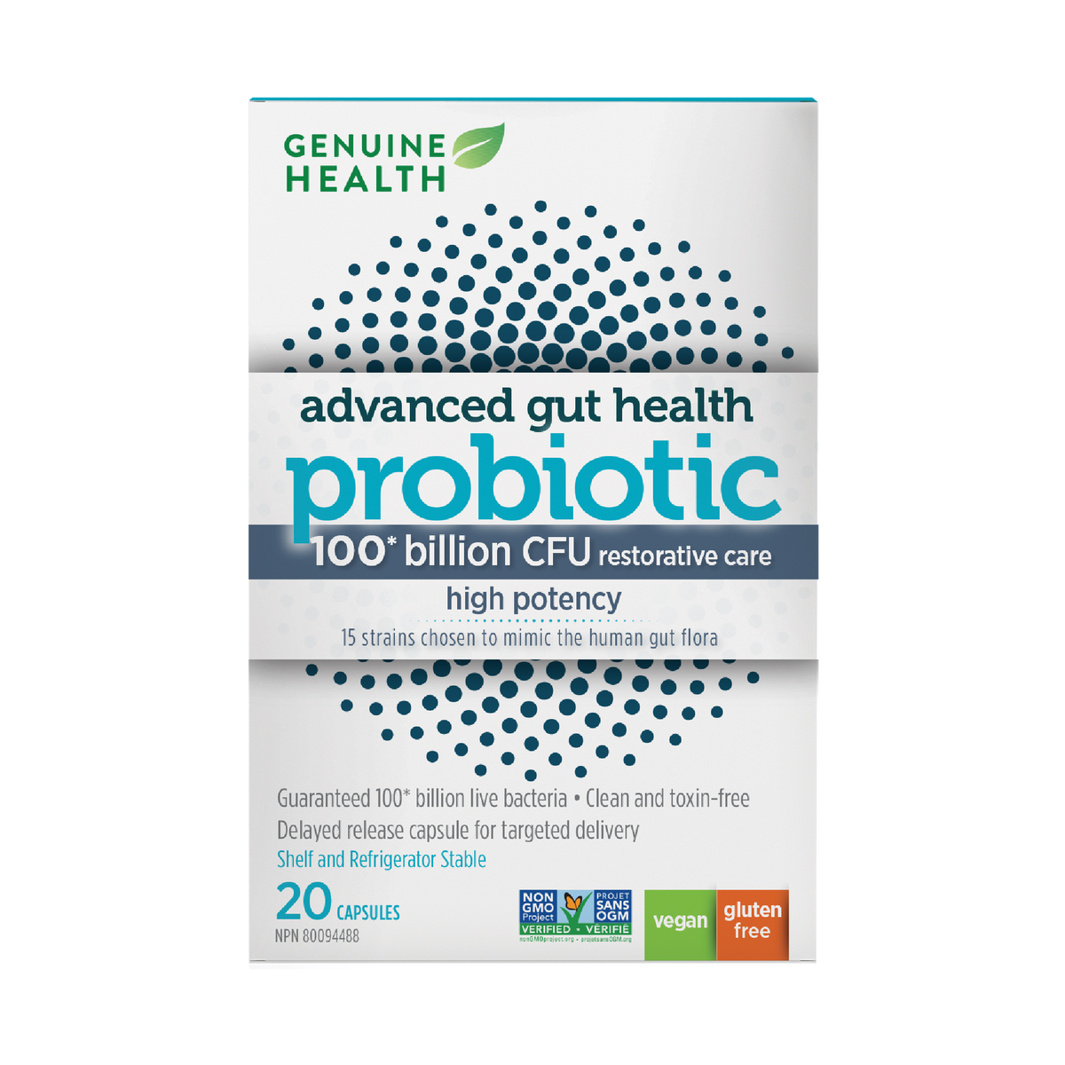 Genuine Health 100B Probiotic high-potency formula,20 capsules