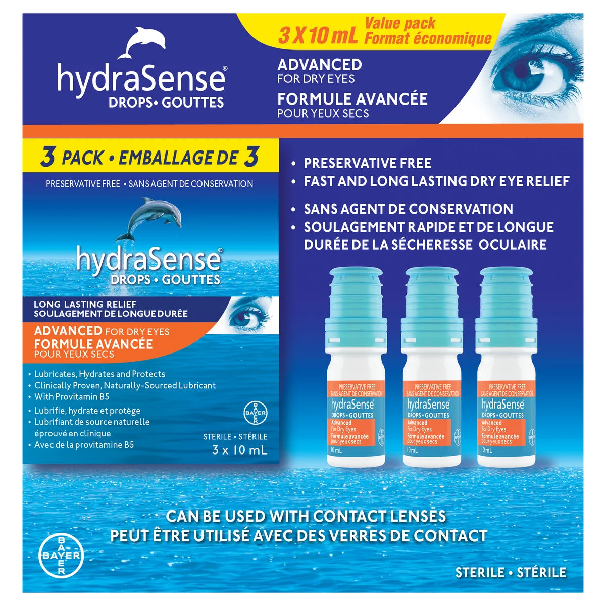 HydraSense Drops Advanced for Dry Eyes, 3 x 10 mL